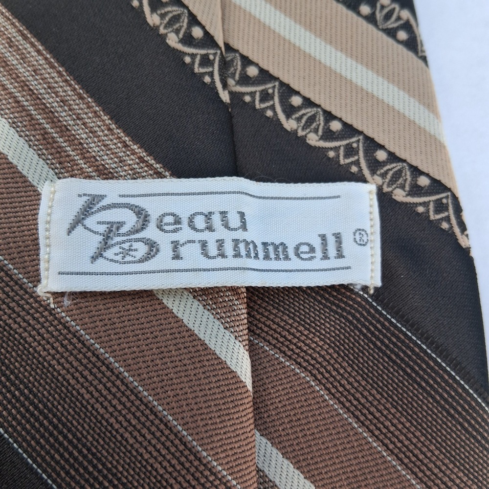 Beau Brummell Necktie Mens‎ Brown Tan Striped Vintage Geometric Embroidered Tie